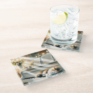 Sunlit Piano Cat Cottagecore Dream Glass Coaster