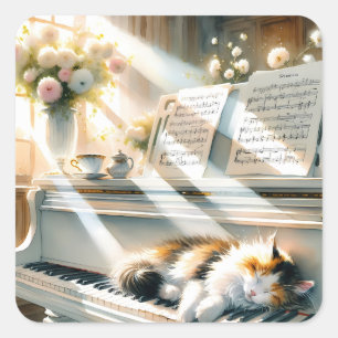 Sunlit Piano Cat Cottagecore Dream Square Sticker