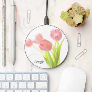 Sunlit Pink Tulips Personalized Wireless Charger