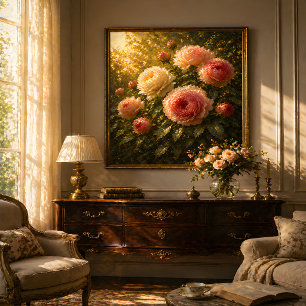 Sunlit Roses Oil Painting – Vintage Floral Wall Ar Poster