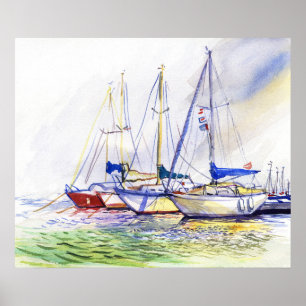 Sunlit Sailboats in a Harbor Watercolor Seascape Poster