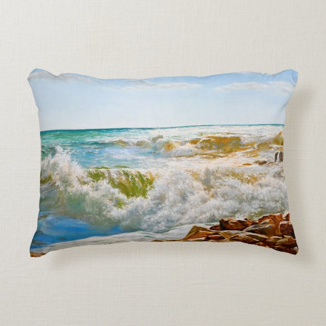 Sunlit Sea with Crashing Waves Accent Pillow (Front)