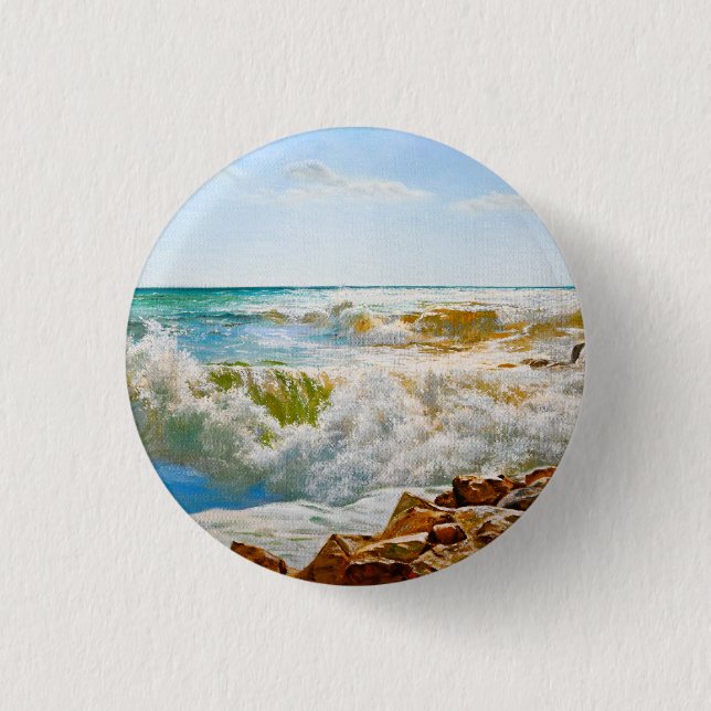Sunlit Sea with Crashing Waves Button (Front)