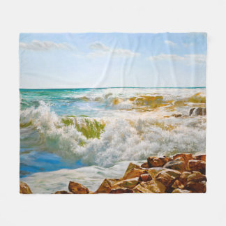 Sunlit Sea with Crashing Waves Fleece Blanket