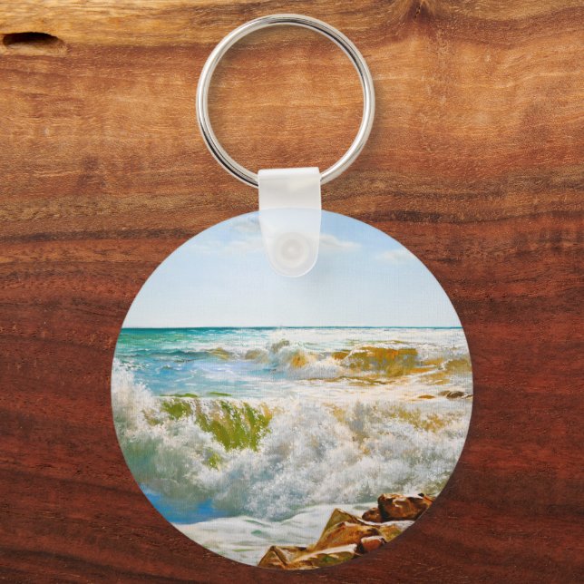 Sunlit Sea with Crashing Waves Keychain (Front)