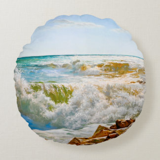 Sunlit Sea with Crashing Waves Round Pillow