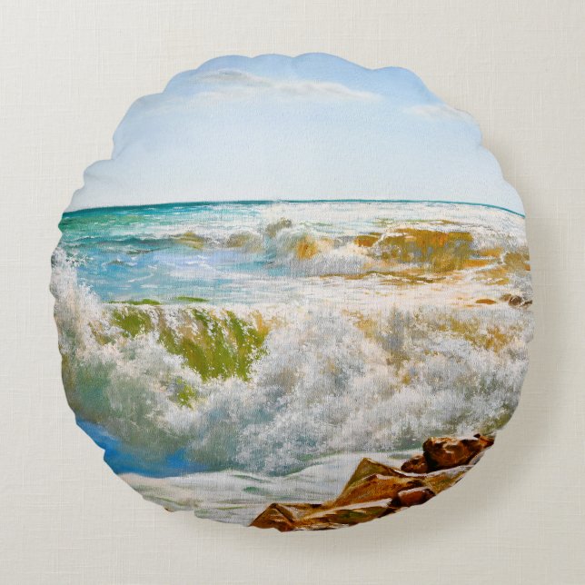 Sunlit Sea with Crashing Waves Round Pillow (Front)