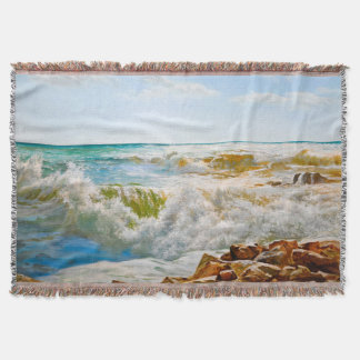 Sunlit Sea with Crashing Waves Throw Blanket