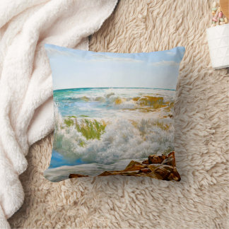 Sunlit Sea with Crashing Waves Throw Pillow