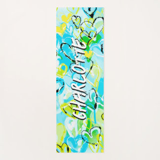 Sunlit Serenity: Sky Blue & Yellow Graffiti Hearts Yoga Mat