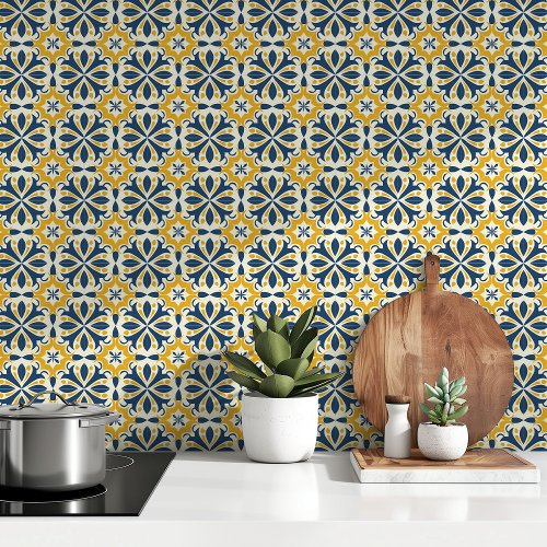 Sunlit Splendor Blue and Yellow Azulejo Tiles Wallpaper