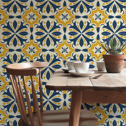 Sunlit Splendor Blue and Yellow Azulejo Tiles Wallpaper