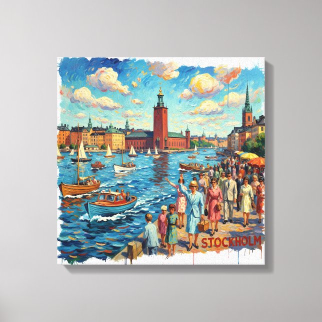 Sunlit Stockholm Harborfront Canvas Art (Front)