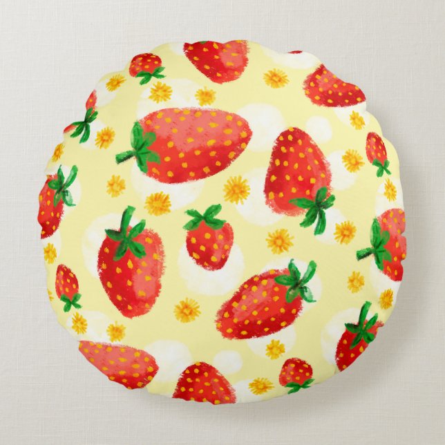 Sunlit Strawberries & Daisies Round Pillow (Front)
