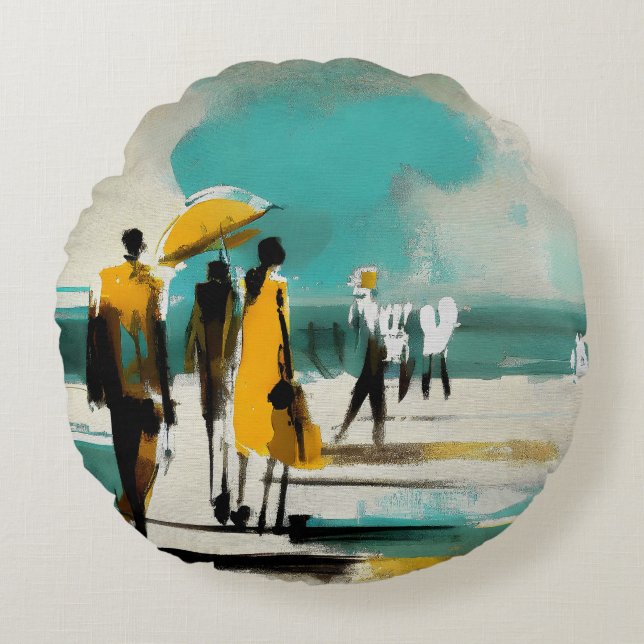 Sunlit Stroll – Abstract Figures In Open Light Round Pillow (Front)