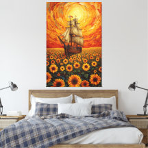 Sunlit Sunflower Sea - Whimsical Sailing Ship Fan