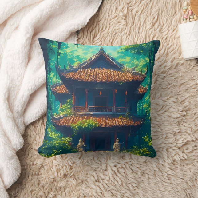 Sunlit Thai House in Lush Jungle Throw Pillow (Blanket)