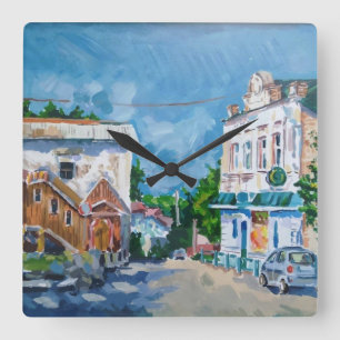 Sunlit Town Street Impressionist Wall Clock   Sce