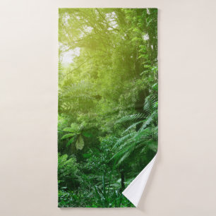 Sunlit tree canopy in tropical jungle bath towel