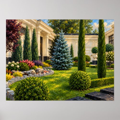 Sunlit Villa Garden with Blue Spruce and Cypresses Poster