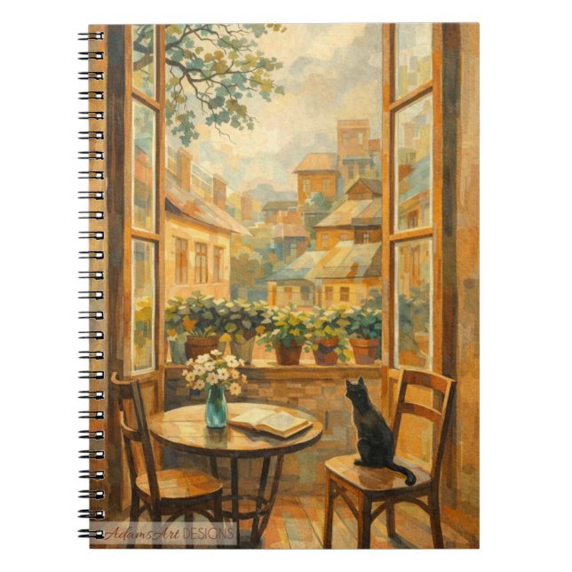 Sunlit Window Cat & Cozy Cityscape Notebook (Front)
