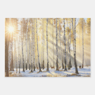 Sunlit Winter Birch Forest with Deer Wrapping Paper Sheets
