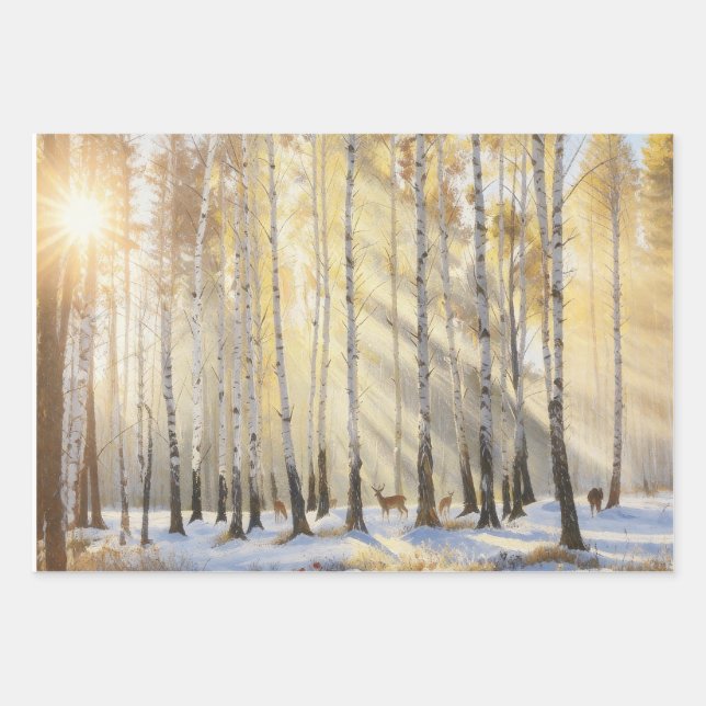 Sunlit Winter Birch Forest with Deer Wrapping Paper Sheets (Front 2)