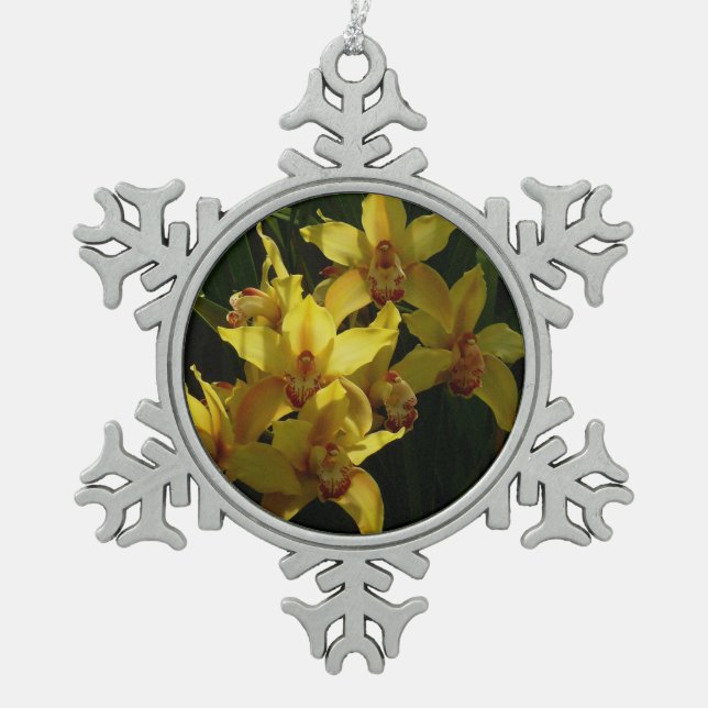 Sunlit Yellow Orchids Floral Snowflake Pewter Christmas Ornament (Front)
