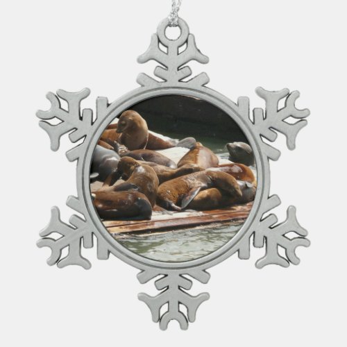 Sunning Sea Lions in San Francisco Snowflake Pewter Christmas Ornament