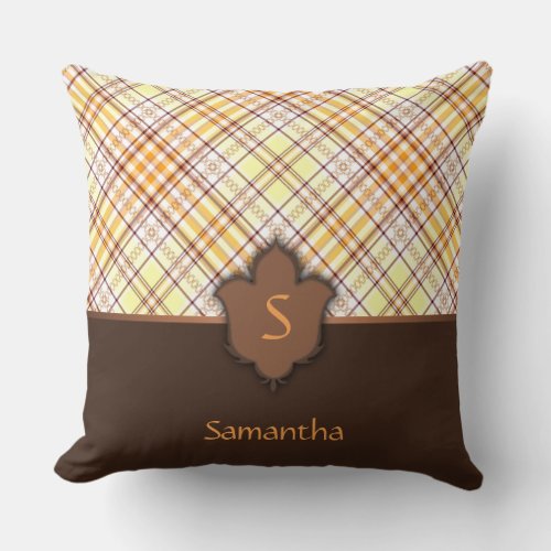 Sunny and Brown Plaid with Floral Element Throw Pillow