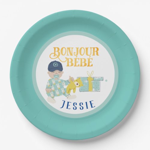 Sunny Aqua Bonjour Boy Baby Sticker Favor Tags Paper Plates