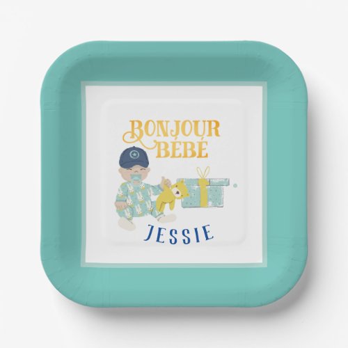 Sunny Aqua Bonjour Boy Baby Sticker Favor Tags Paper Plates