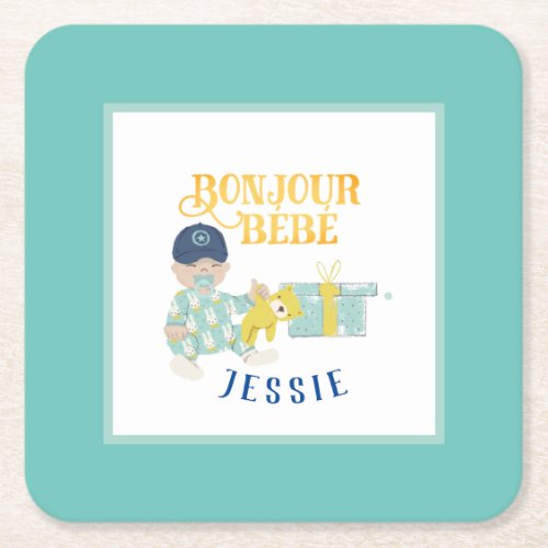 Sunny Aqua Bonjour Boy Baby Sticker Favor Tags Square Paper Coaster