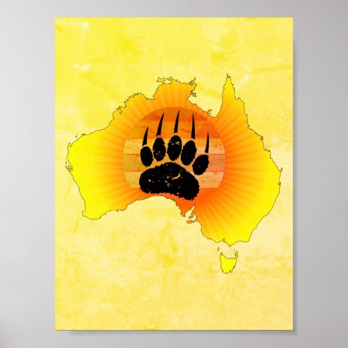 Sunny Australia Map Bear With Retro Sunset Poster
