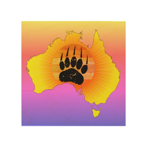 Sunny Australia Map Bear With Retro Sunset Wood Wall Art