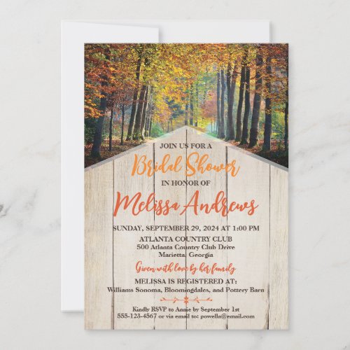 Sunny Autumn Forest Woodgrain Bridal Shower Invitation