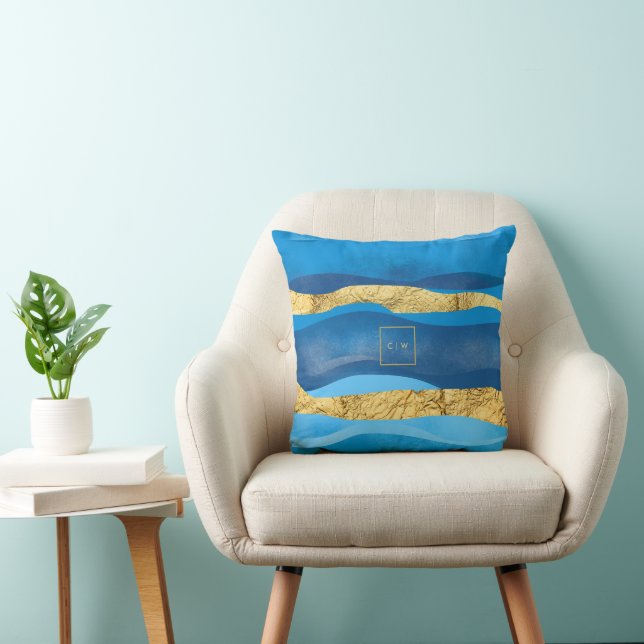Sunny Azur Ocean Beach Waves Blue Gold Monograms Throw Pillow (Chair)