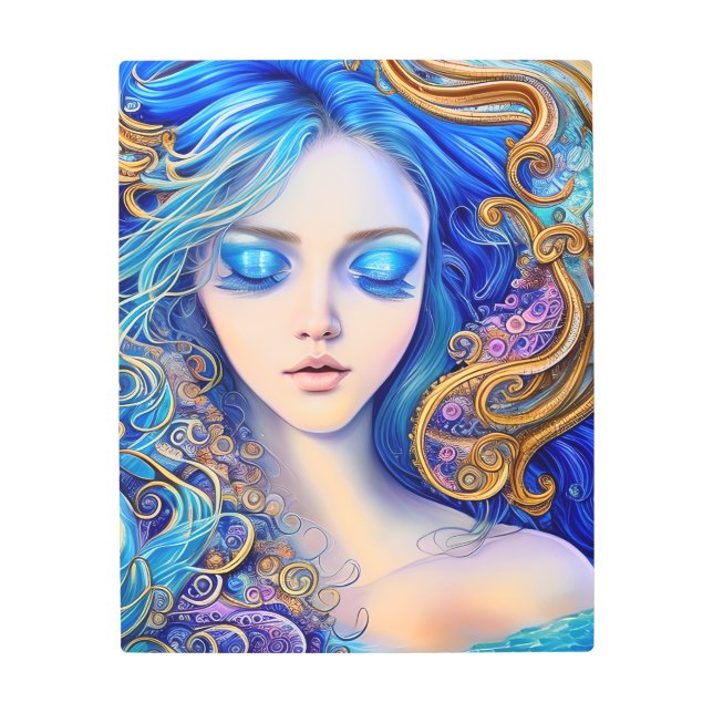 Sunny Azur Ocean Surf Waves Blue Gold Girl Art (Front)