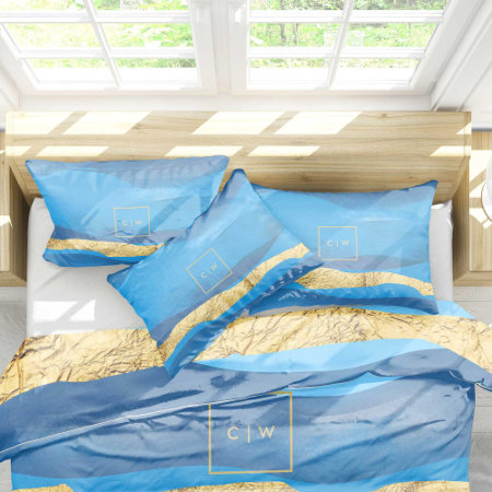 Sunny Azur Ocean Surf Waves Blue Gold Monograms Pillow Case