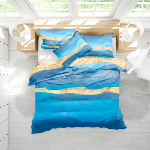 Sunny Azur Ocean Waves Nautical Blue Gold Elegant Duvet Cover