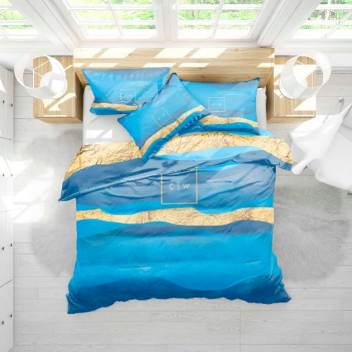 Sunny Azur Ocean Waves Nautical Blue Gold Monogram Duvet Cover