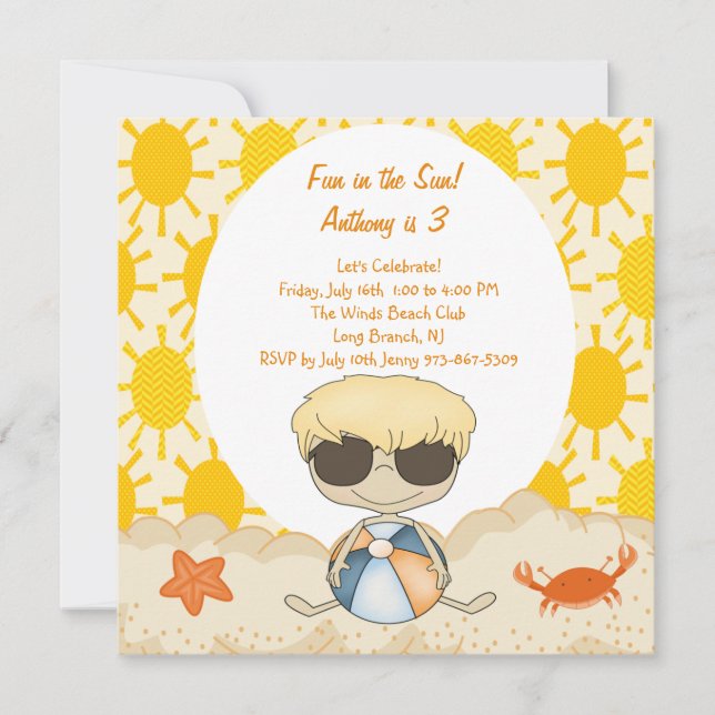 Sunny Beach Boy in the Sand Birthday Invitation (Front)