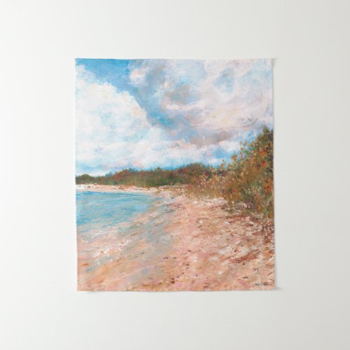 Sunny Beach Day Blue Sky Puffy Clouds Painting Tapestry