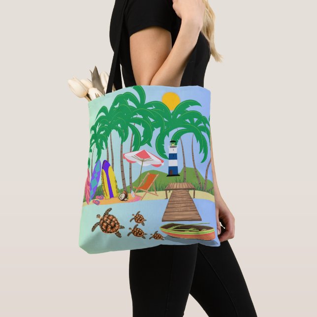 Sunny Beach Island Turtles Lighthouse Print Tote Bag (Close Up)