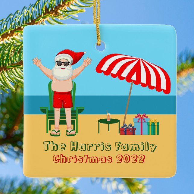 Sunny Beach Santa Claus Cute Custom Christmas Ceramic Ornament (Creator Uploaded)