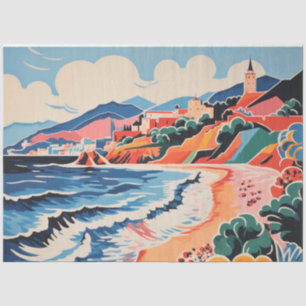 Sunny Beach Scene Old City, Mountains, Sea Tissue Paper