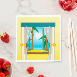 Sunny Beach View Through Open Window Napkins