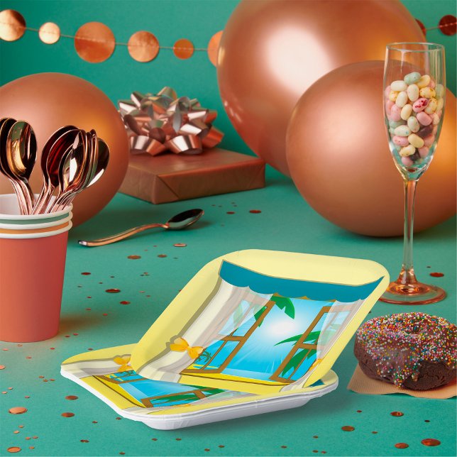 Sunny Beach View Through Open Window Paper Plates (Creator Uploaded)