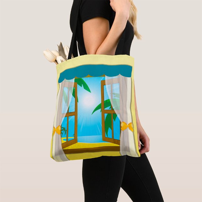 Sunny Beach View Through Open Window Tote Bag (Creator Uploaded)