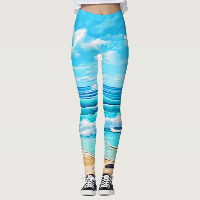 Sunny Beach Waves Design Leggings (Front)